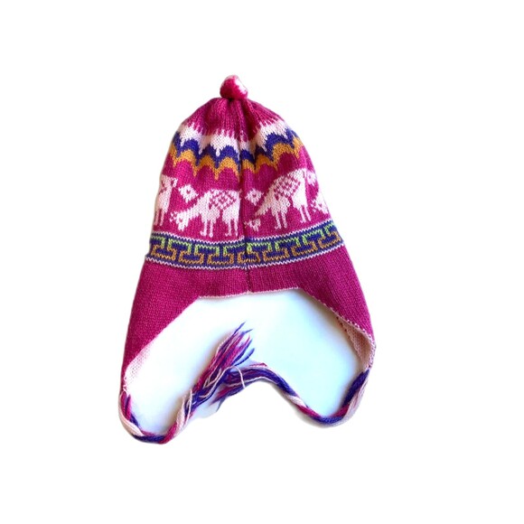 Hand-Knotted Chullo Winter Magenta Pink Reversible Alpaca Wool Blend W/ Earflaps - Picture 6 of 9